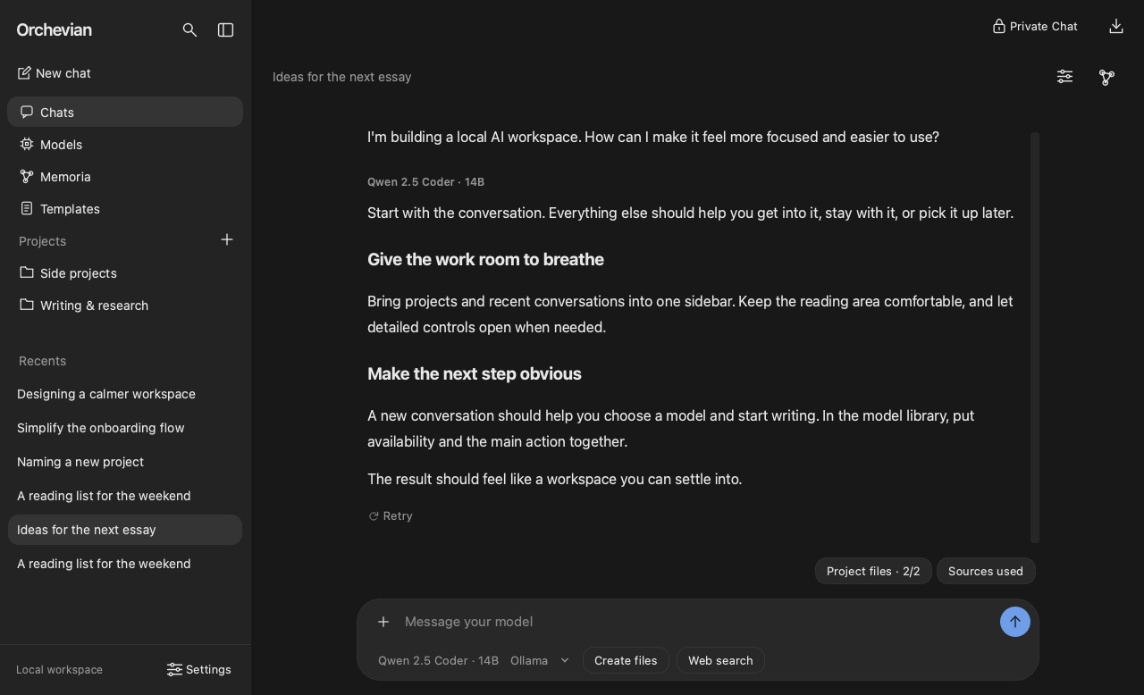 An Orchevian chat in dark mode: a sidebar of chats, projects, and recent conversations beside a streaming reply with a Retry button and cited project files.