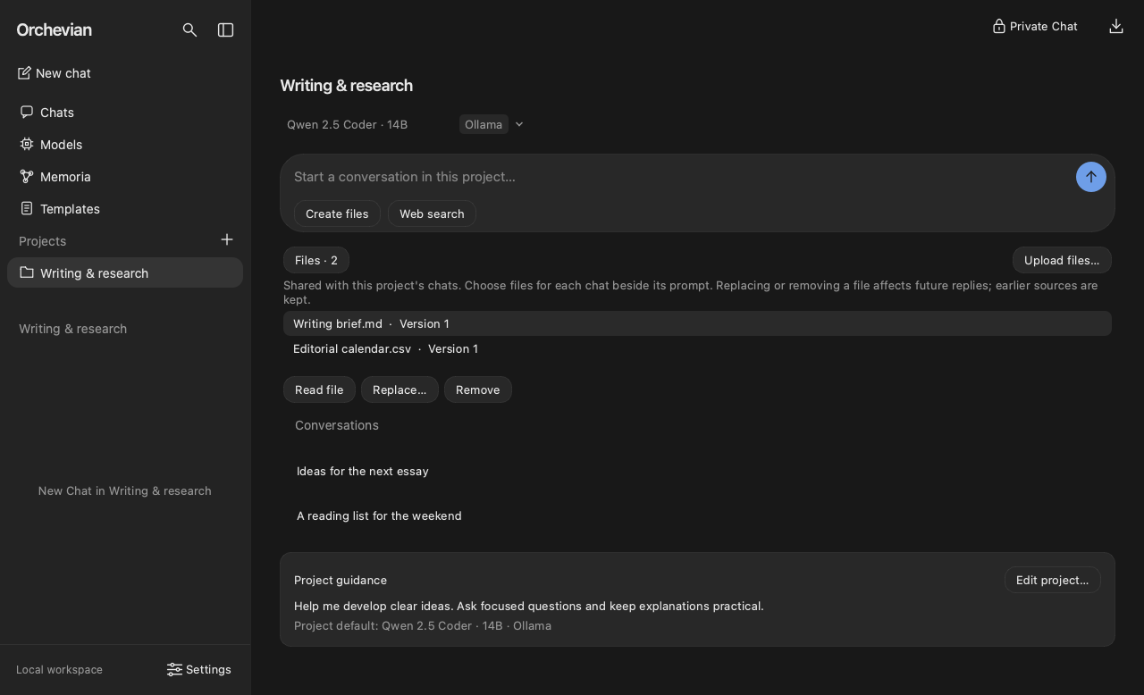 An Orchevian project home page showing shared guidance, project files, and the chats inside the project.